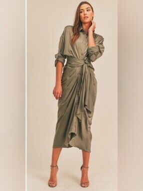 Mable Gwen Tencel Button Down Midi/Maxi Draped Dress In Olive Green Size Small